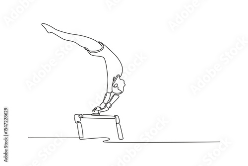 Single continuous line drawing female gymnast performing on uneven bars in national gymnastic competition. Woman athlete doing swing exercise on bars. one line draw graphic design vector illustration