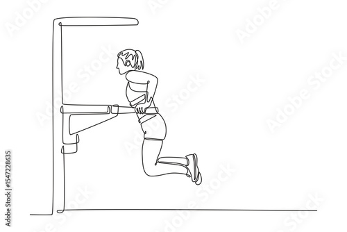 Continuous one line drawing female gymnast training in gym, flexible and power. Athlete in sportswear practicing in exercises for strength, balance. Single line draw design vector graphic illustration