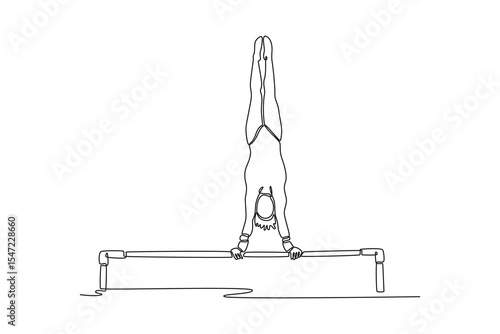 Single continuous line drawing young girl gymnast performing handstand on uneven bars in professional gym. Doing calisthenics core stability exercise. One line draw graphic design vector illustration