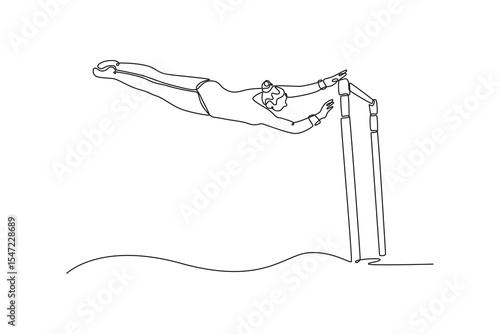 Single continuous line drawing female athlete doing complicated exciting trick on uneven bars in professional gym. Young girl perform stunt in arena. One line draw graphic design vector illustration