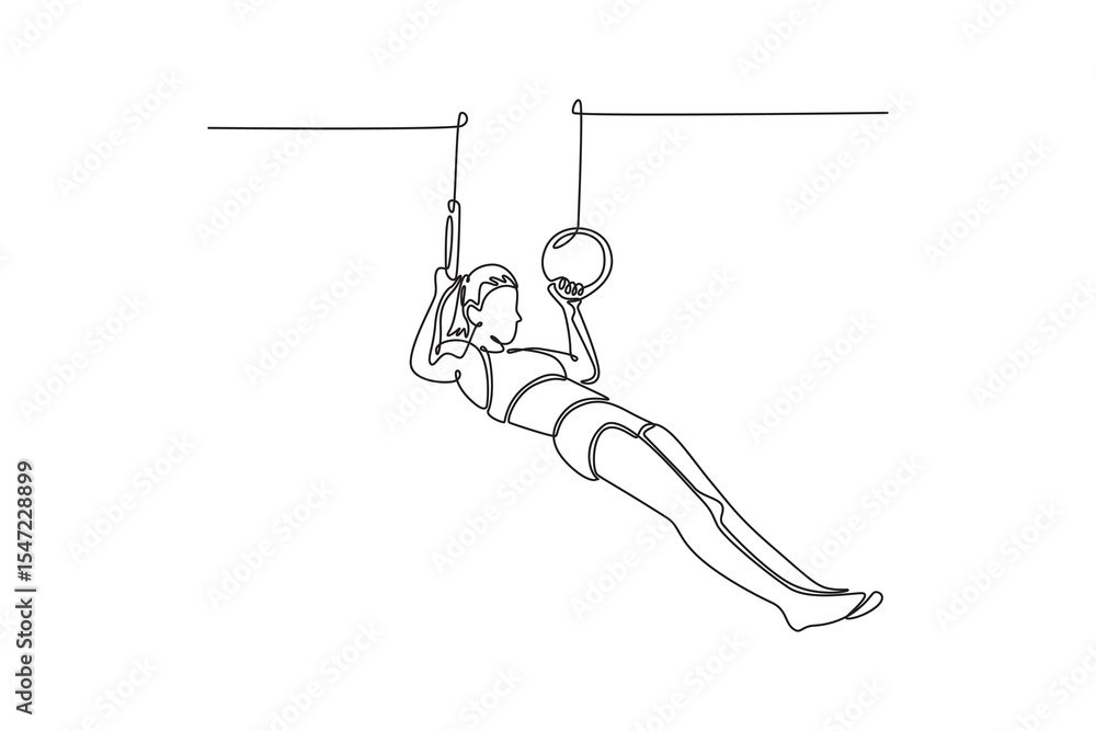 Obraz premium Single one line drawing muscular female gymnast exercising on gymnastic rings in modern health club. Gymnast athlete perform stunt in sportswear continuous line draw design graphic vector illustration