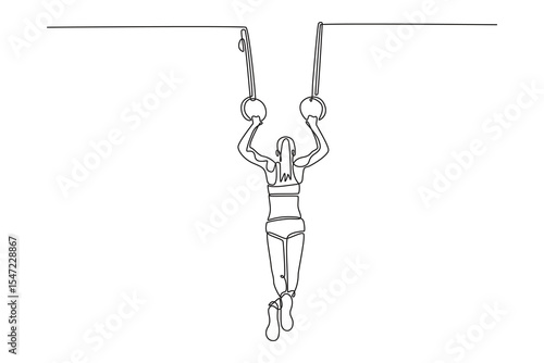 Single one line drawing woman gymnast training in gym, flexible and active. Female athlete in sportswear practicing balance on gymnastics rings. Continuous line draw design graphic vector illustration