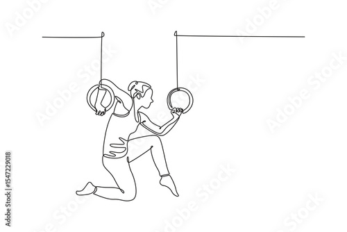 Continuous one line drawing young active strong sweaty athlete muscular fit woman with big muscles doing cross workout training on gymnastics rings. Single line draw design vector graphic illustration