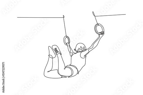 Continuous one line drawing beautiful female gymnast swinging on gymnastic rings while doing muscle up exercise during calisthenics workout in gym. Single line draw design vector graphic illustration