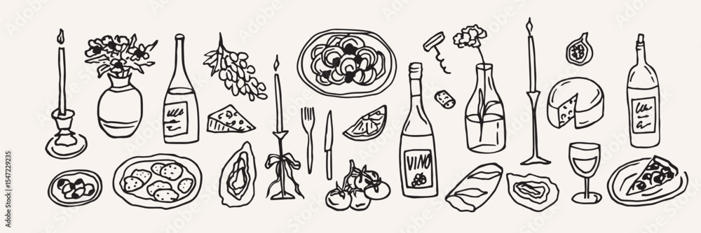 Naklejka premium Hand drawn wine and food collection