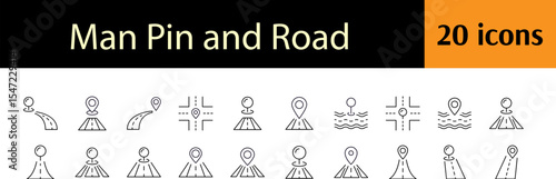 Way and Path Thin Line Icon Set. Road and Map Pin Outline Signs for Graphic and Web Design, Apps, Adverts, Various Cards