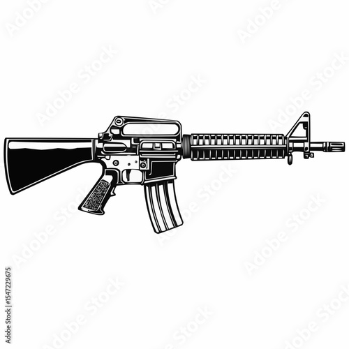 Vintage monochrome detailed illustration of m 16 assault rifle. Isolated vector template


