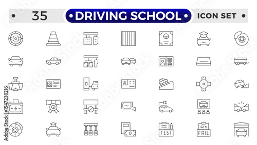 Driving School Outline Icon Set – Cars, Traffic, Education, and Transportation.