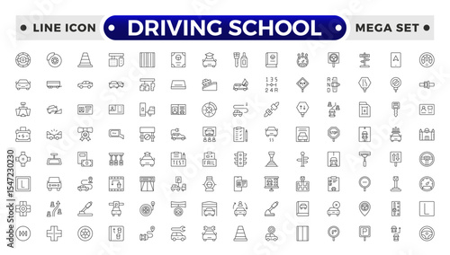 Driving School Outline Icon Set – Cars, Traffic, Education, and Transportation.