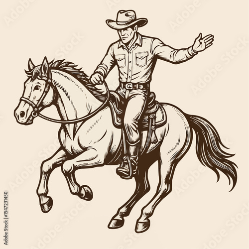 Rodeo rider vintage sticker monochrome with bronco trying to throw off cowboy male for advertising extreme sport event vector illustration


