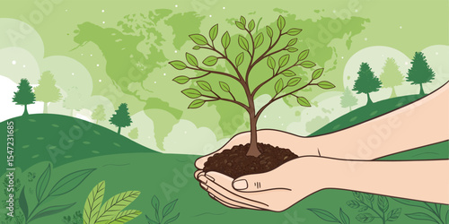 hands holding a tree White skinned hands gently holding a small tree sapling vector illustration symbolizing Earth Day, green living, and environmental care.