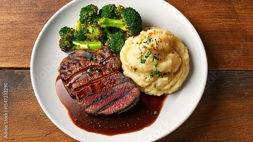 Delicious grilled beef steak with savory sauce fresh steamed broccoli and creamy mashed potatoes on white plate dinner meal