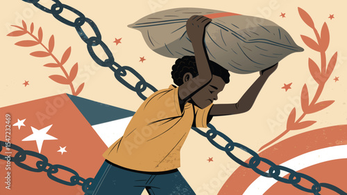 Abstract vector illustration for World Day Against Child Labour symbolic image of a child carrying a sack, raising awareness against exploitation.