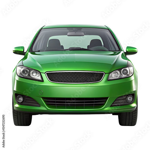 Green Car Front View Isolated on Pure White Background

