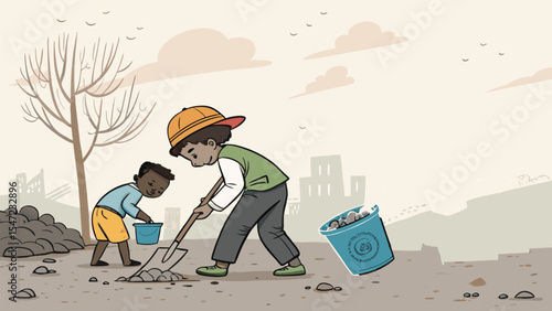 Flat cartoon illustration for World Day Against Child Labour hand-drawn kids working to survive, designed for awareness campaigns and social justice templates.