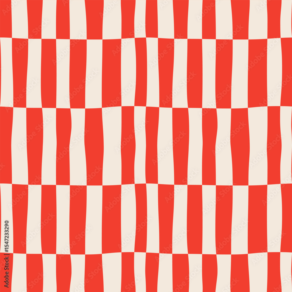 Abstract seamless monochrome geometric pattern of vertical red stripes in a row on a light background, distorted checkerboard pattern, checkered pattern, hand drawn vector illustration, flat style