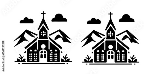 Two identical church illustrations with mountain backgrounds and cloud accents in a simple vector style