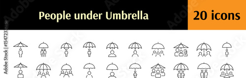 Insurance Line Icon Collection. People and Family under Umbrella Outline Signs for Graphic and Web Design, Apps, Adverts, Various Cards