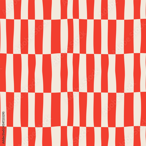 Abstract seamless monochrome geometric pattern of vertical red stripes in a row on a light background, distorted checkerboard pattern, checkered pattern, hand drawn vector illustration, flat style