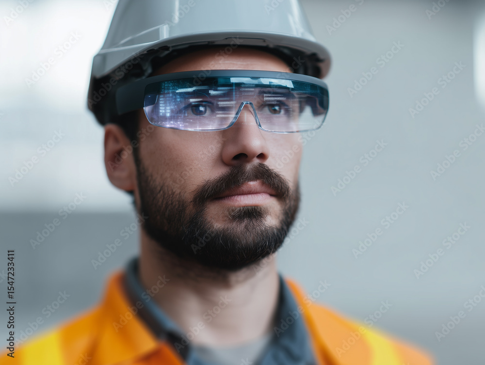 Fototapeta premium Male engineer wearing augmented reality glasses, safety helmet, and orange vest, focused expression, modern technology