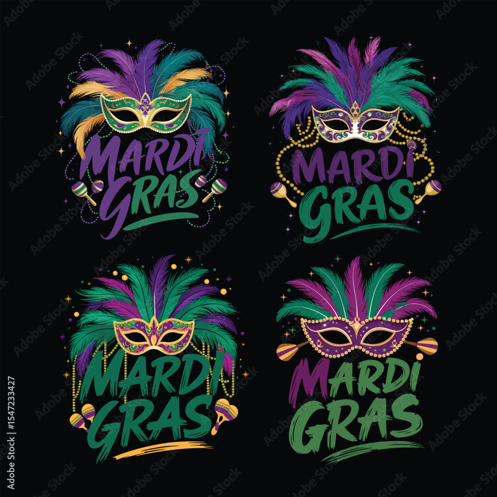 Obraz premium Colorful mardi gras mask designs with feathers beads and rhythmic festive typography for celebrations
