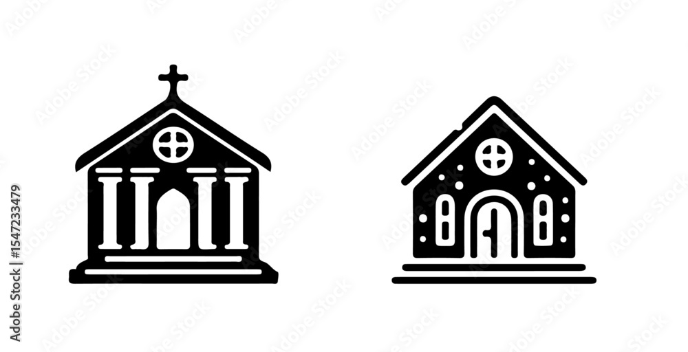 Two church building icons displayed in black and white showcasing distinct architectural designs and religious symbols Two church building icons displayed in black and white showcasing distinct architectural designs and religious symbols