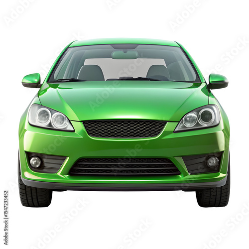 Green Car Front View Isolated on Pure White Background

