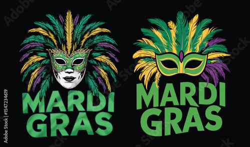 Festive mardi gras masks with colorful feathers and green lettering against a black background