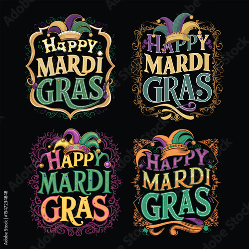 Four colorful happy mardi gras text designs with festive hats and ornate decorative frames