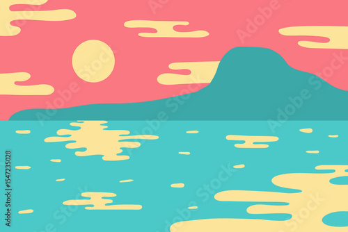 Abstract background with seascape and mountain. Vector illustration in flat style
