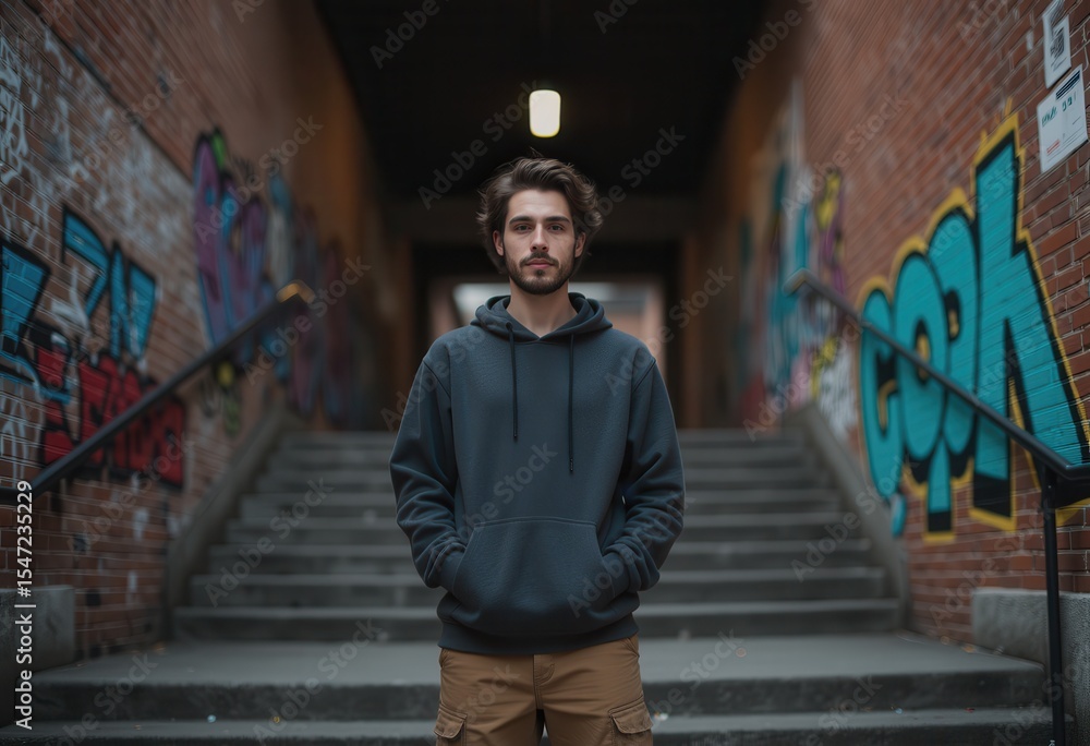 Obraz premium Skateboarder standing confidently on front steps with urban graffiti backdrop