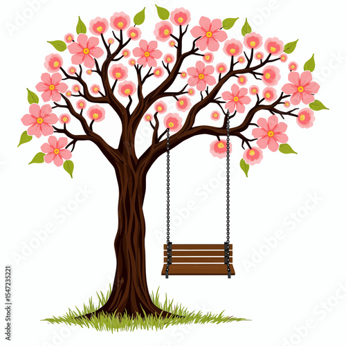 Flowering tree with pink blossoms and swing in a grassy area  