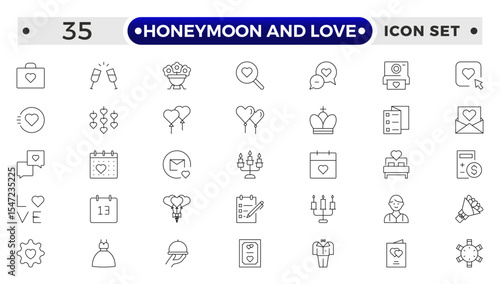 Honeymoon and Love Outline Icon Set – Romance, Weddings, Travel, and Celebrations.