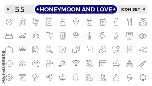 Honeymoon and Love Outline Icon Set – Romance, Weddings, Travel, and Celebrations.
