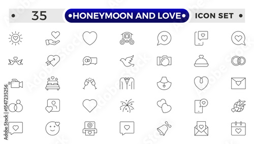 Honeymoon and Love Outline Icon Set – Romance, Weddings, Travel, and Celebrations.