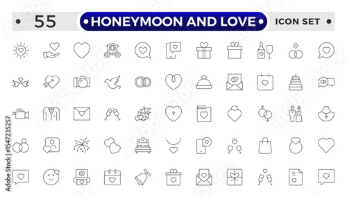 Honeymoon and Love Outline Icon Set – Romance, Weddings, Travel, and Celebrations.