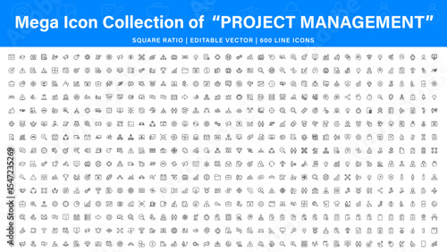 Project Management Mega icon collection. web icons in line style. Outline icon collection related to Schedule, human resource, management, development, planning, and more.
