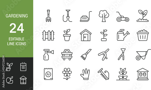 Gardening tools and equipment line icons isolated on white background