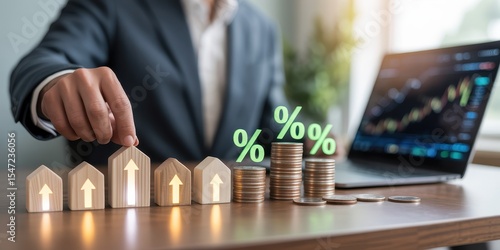 Real Estate Investment Growth: A businessman strategically places a miniature house model on a row of illuminated wooden blocks, representing increasing property value.