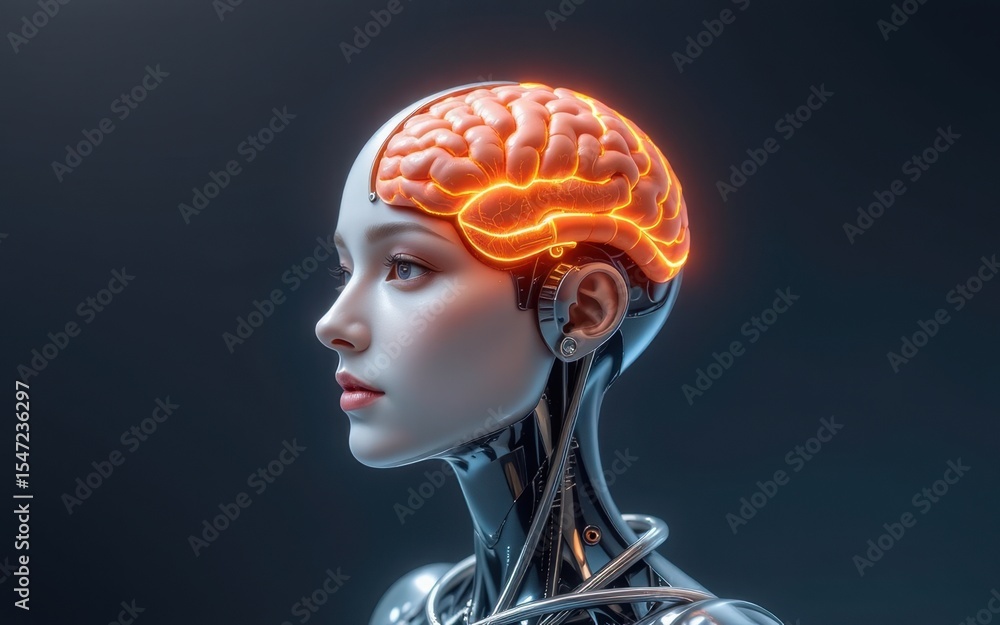 Obraz premium Neurological disorders concept. Futuristic robot with a glowing brain design.