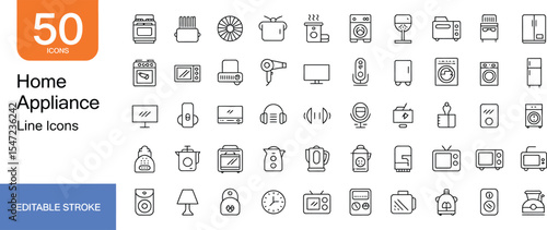 Home appliance line icons depicting various household equipment