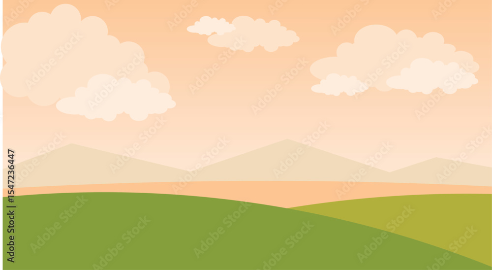 Fototapeta premium Cartoon nature landscape with hills and clouds isolated on transparent background