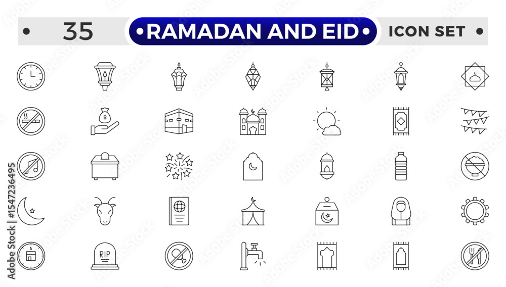 Ramadan and Eid Outline Icon Set – Religious Symbols, Islamic, Worship, and Traditions. Ramadan and Eid Outline Icon Set – Religious Symbols, Islamic, Worship, and Traditions.