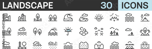 Landscape icons for nature and outdoor scenes isolated on white background