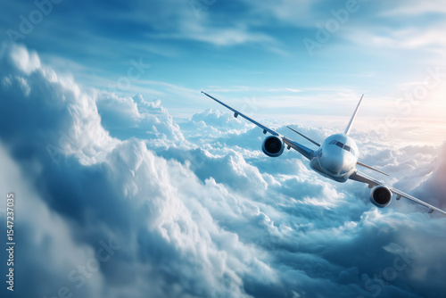 a commercial airplane flying high above soft white clouds