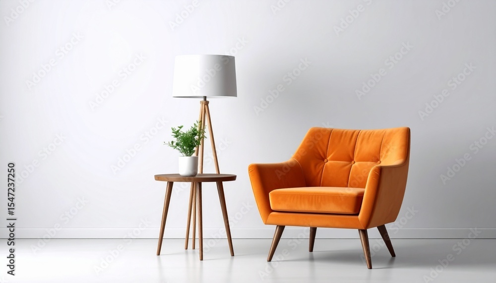 Fototapeta premium Contemporary Living Room with Orange Accent Chair and Natural Decor