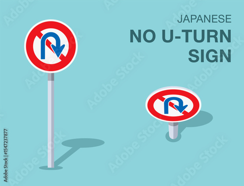 Traffic regulation rules. Isolated japanese "no u-turn" road sign. Front and top view. Flat vector illustration template.