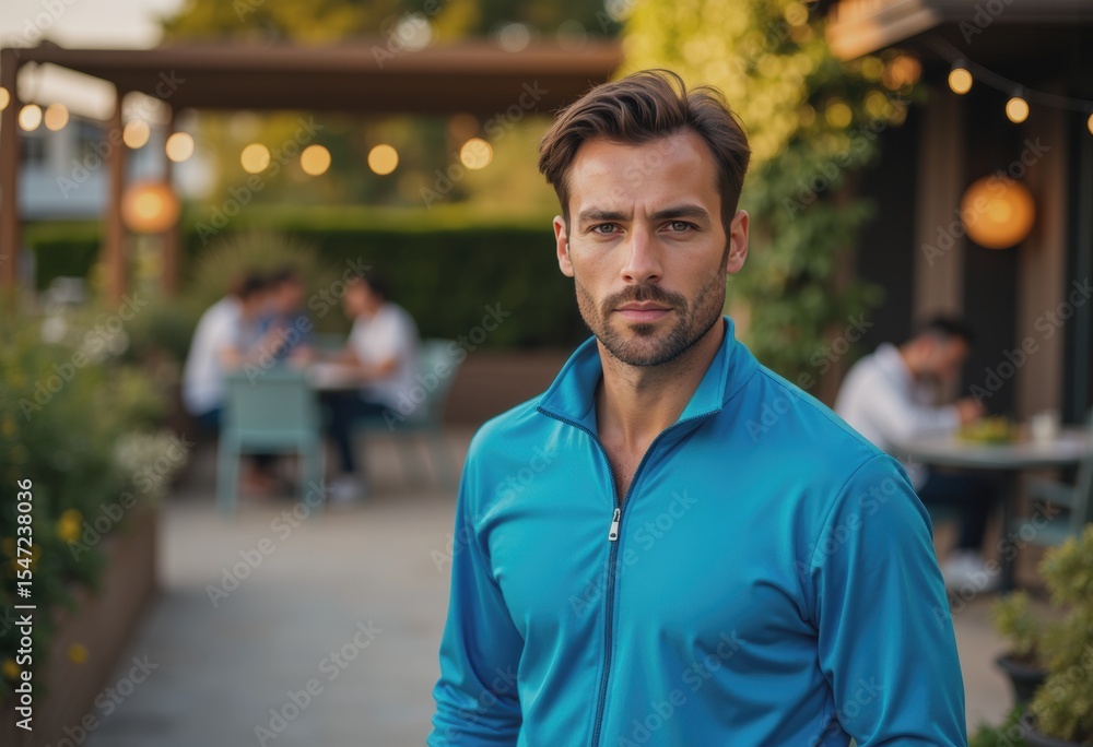 Fototapeta premium Confident tennis player in a blue tracksuit standing on a patio