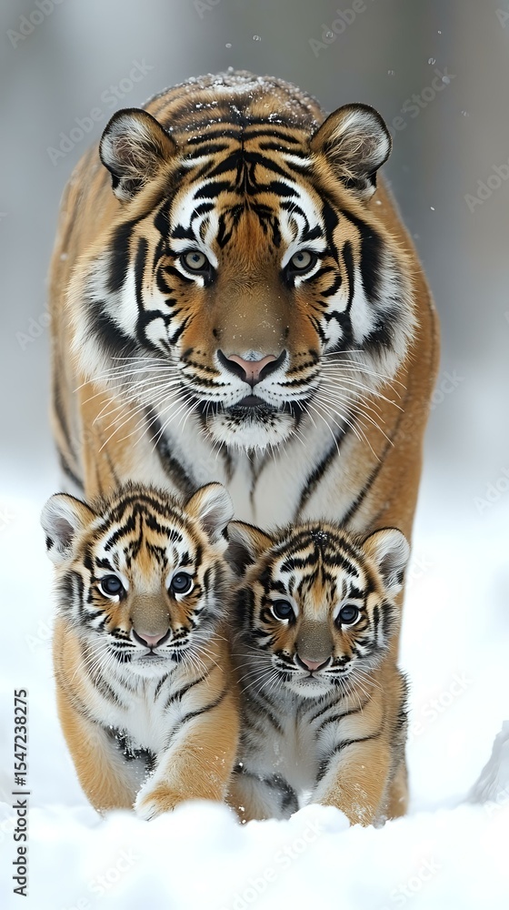 Fototapeta premium Majestic Bengal tiger mother with two cubs walking through snowy landscape, close-up portrait showing protective parental behavior and natural wildlife family bond.
