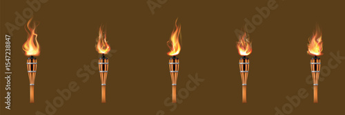 Collection of wooden torches with flames, realistic style on brown background.